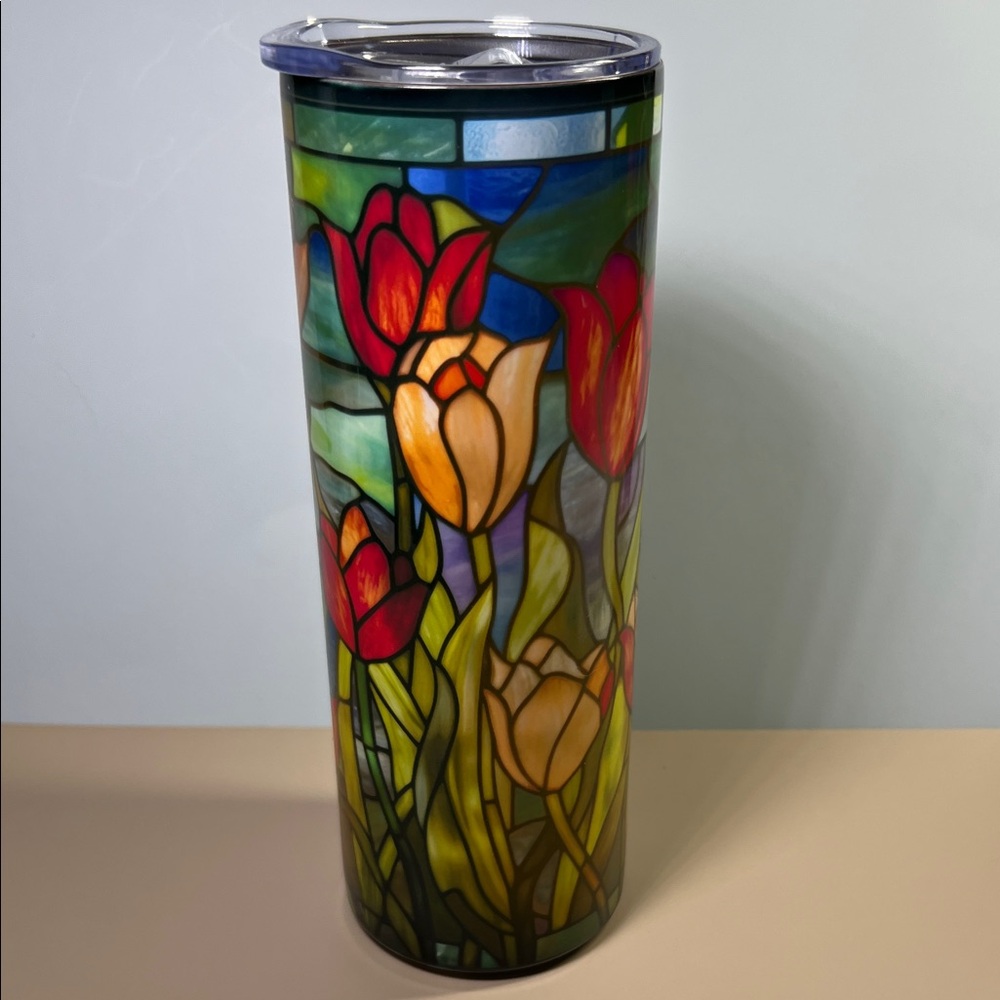 Hand Crafted Stained Glass Tumbler - Red, Orange, Green